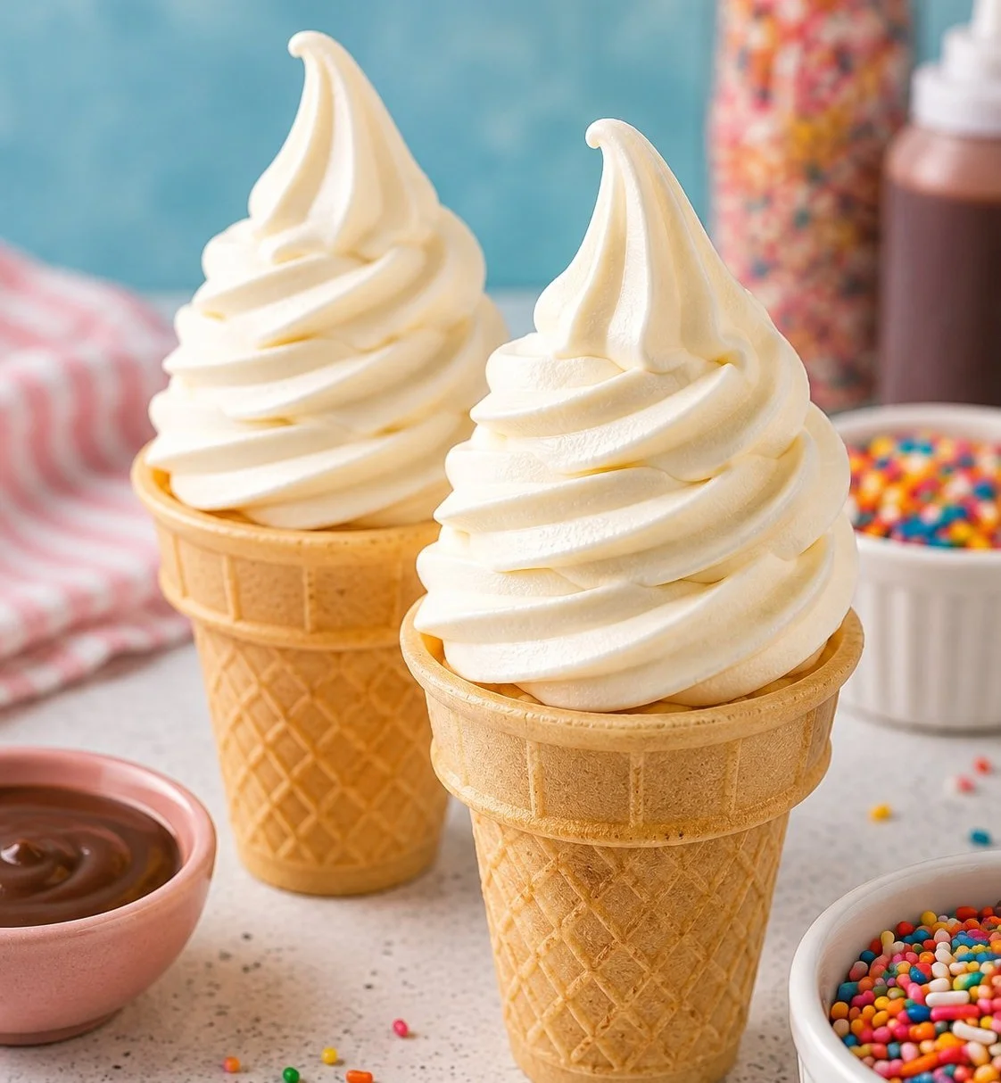 Delicious soft serve ice cream in a cone with colorful sprinkles
