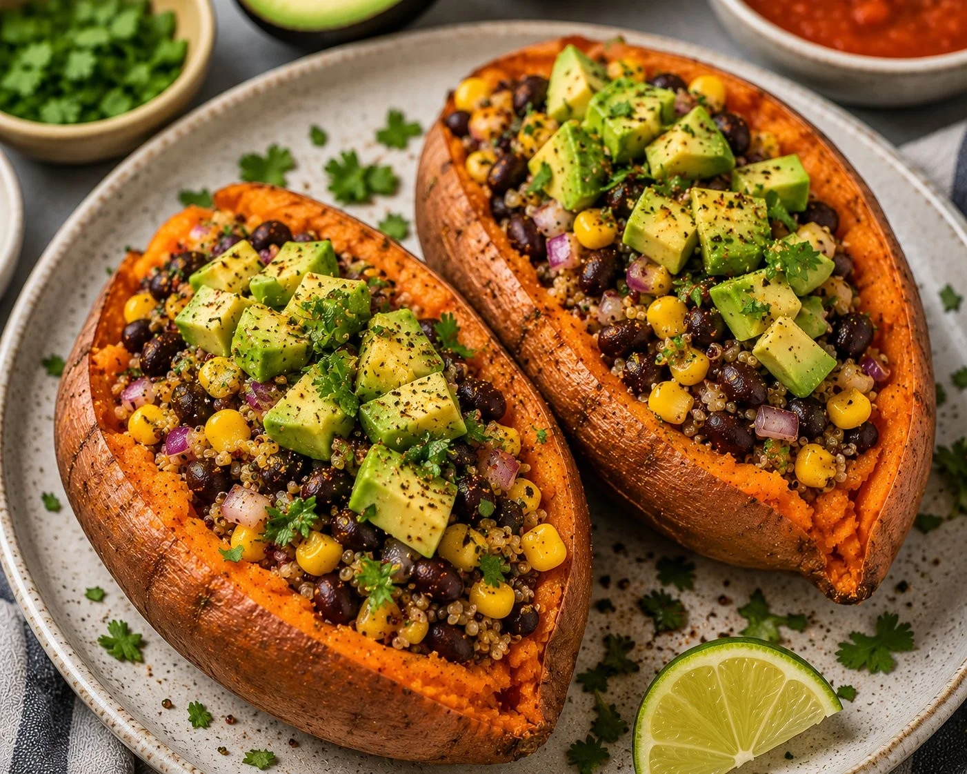 High protein sweet potato dish with colorful toppings and garnishes