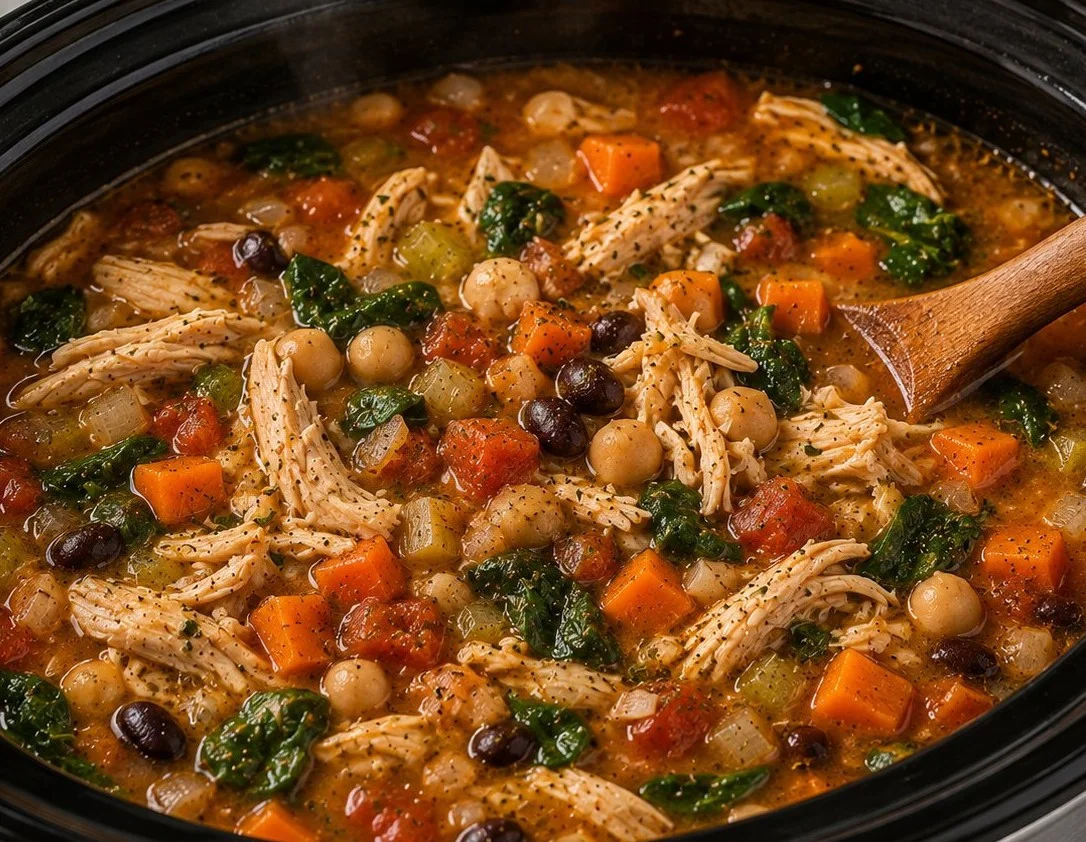 Bowl of high protein crockpot soup with vegetables and beans