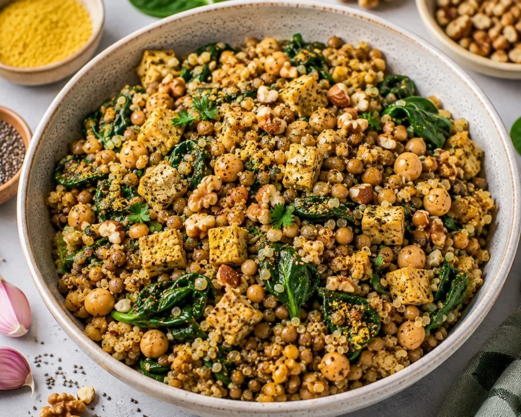 Delicious high protein vegan gluten free dish with colorful vegetables and grains