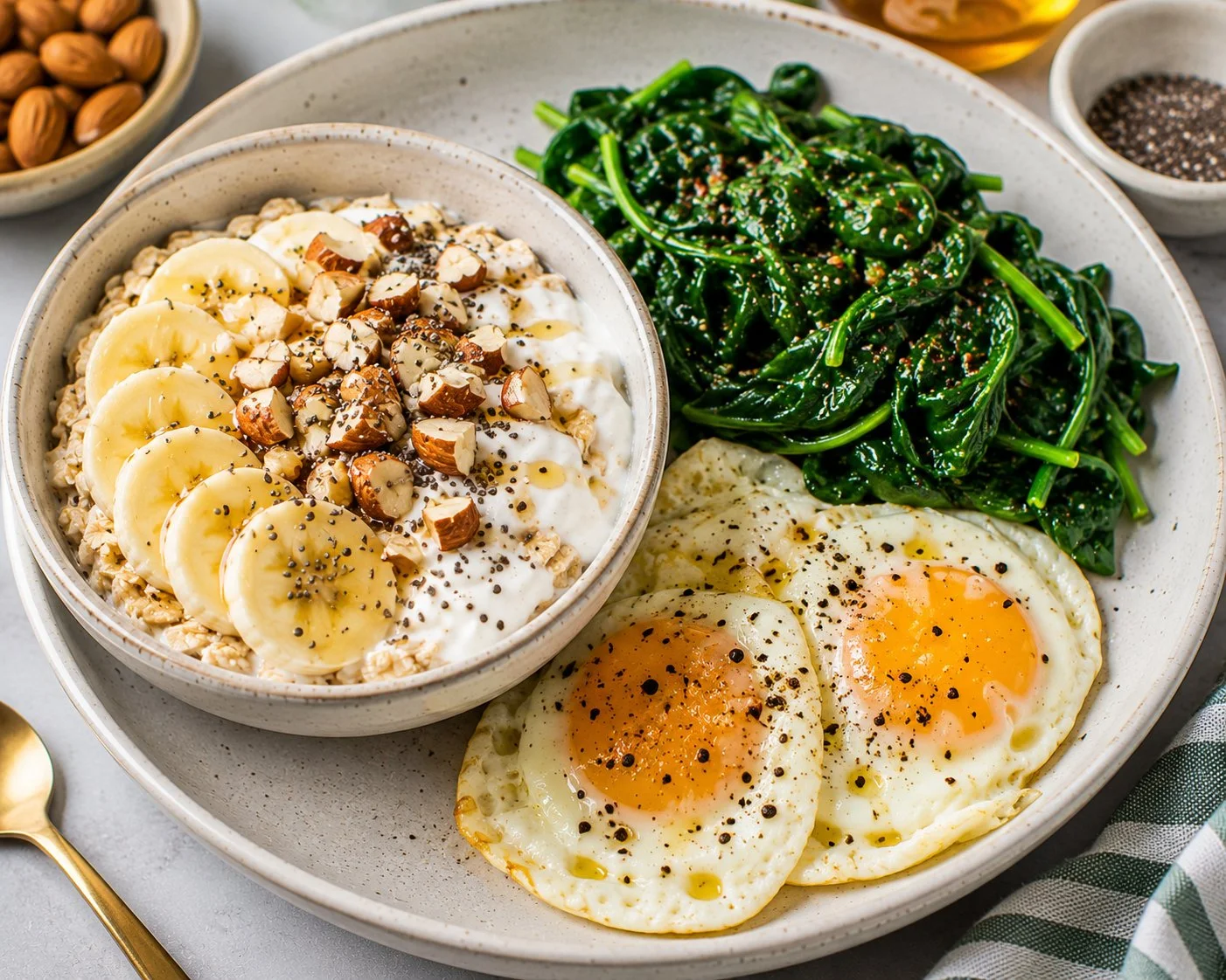 High protein vegetarian breakfast with eggs, greens, and avocado on a plate