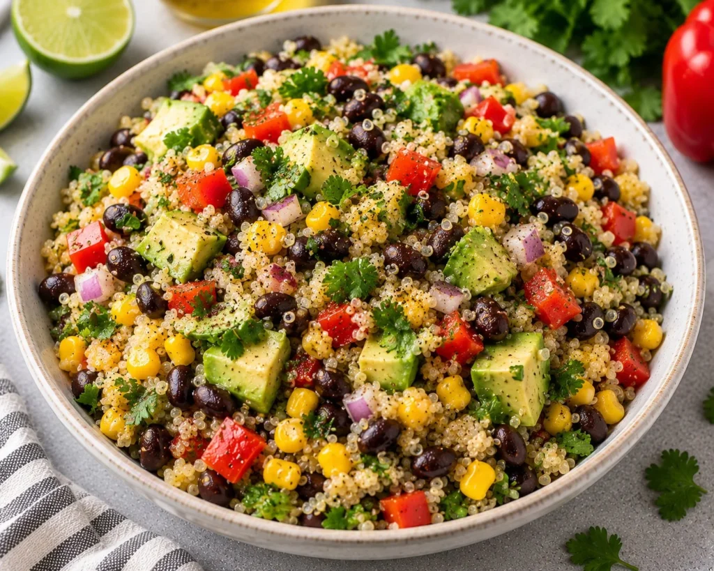Delicious high protein vegetarian meal with colorful vegetables and grains