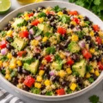 Delicious high protein vegetarian meal with colorful vegetables and grains