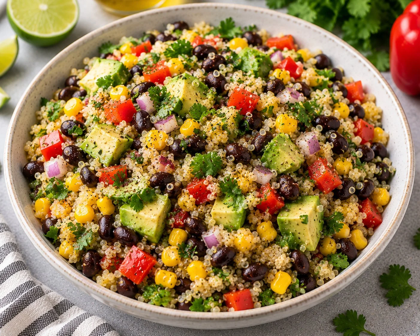 Delicious high protein vegetarian meal with colorful vegetables and grains